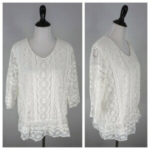 Chicos White Floral Lace 3/4 Sleeve V-Neck Top Blouse Shirt Size 3 XL US 16